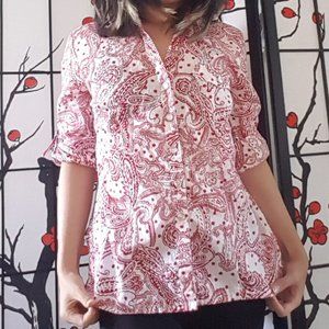 Red and White Paisley Floral Print Button Up Shirt